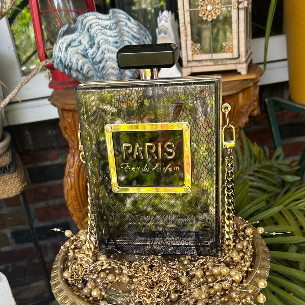 Chic Paris Perfume Bottle Black Lace Lucite Box Crossbody Bag